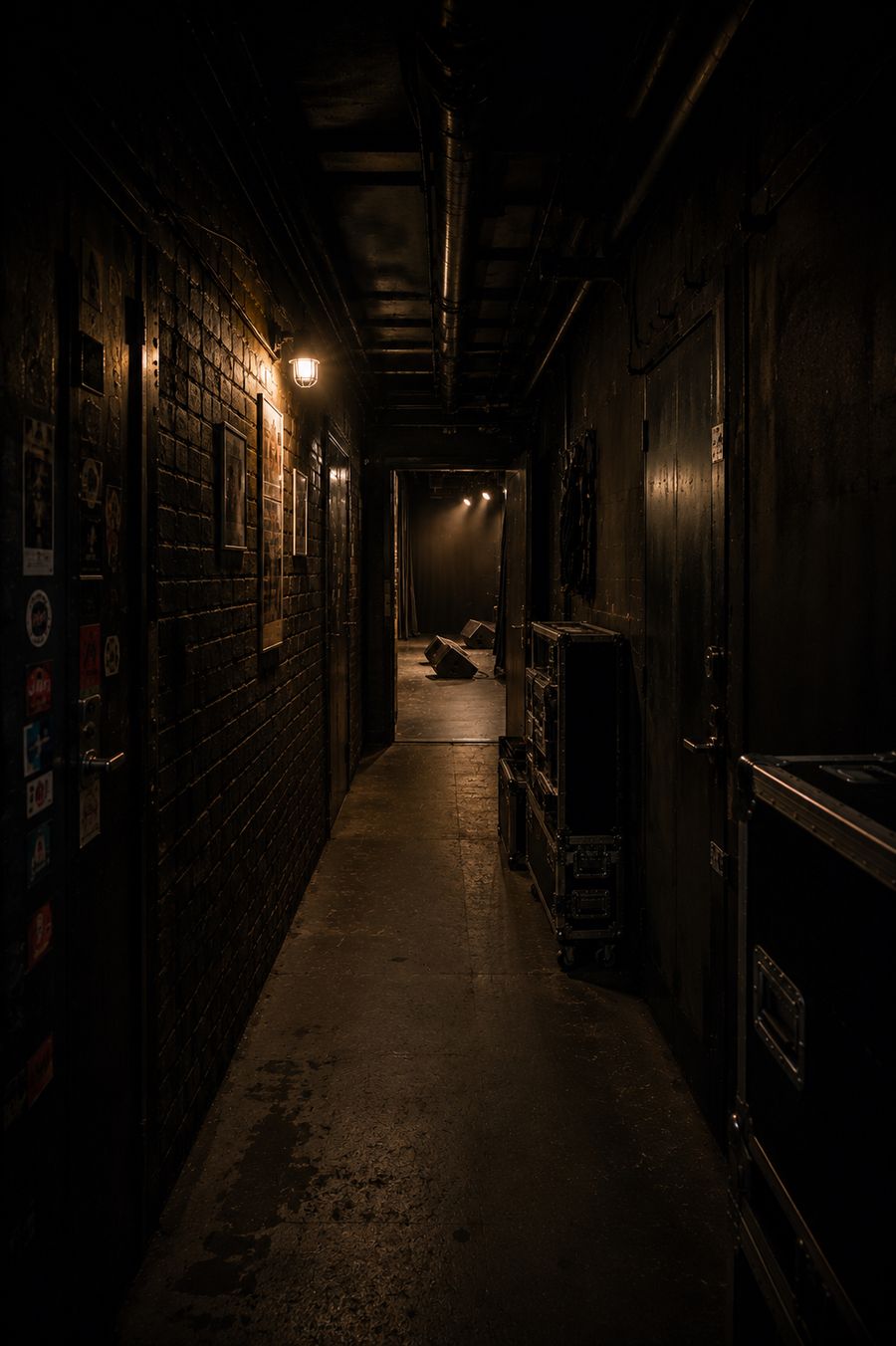 Backstagegang met flightcases, zicht op het podium